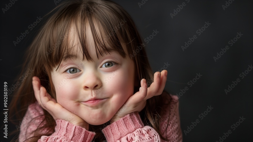 Cute little girl with Down syndrome posing and looking at camera on studio background Cute little girl with Down syndrome posing and looking at camera on studio background