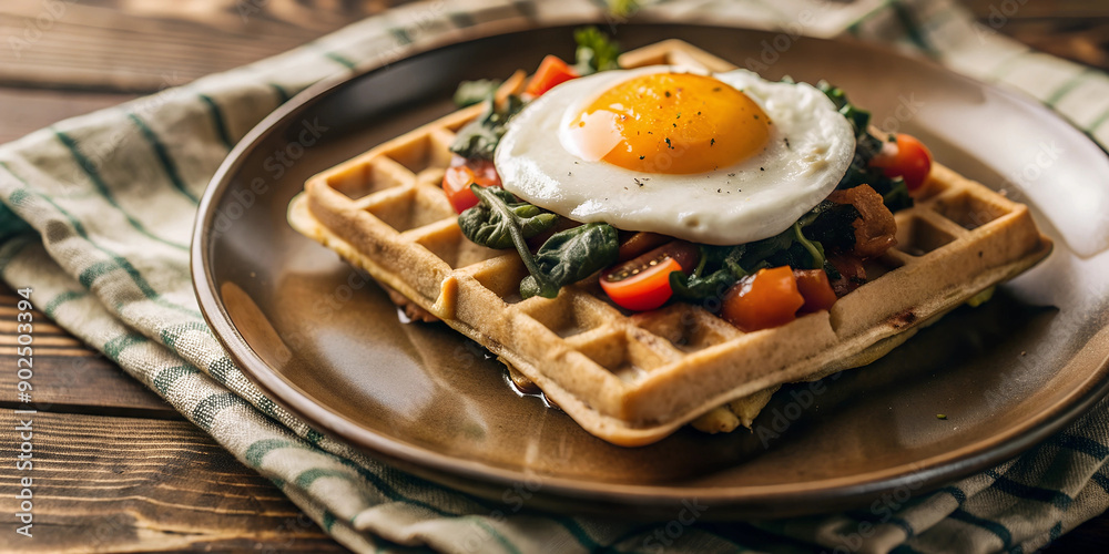 Waffles with Fried Egg, herbs and vegetables on a plate, breakfast Waffles with Fried Egg, herbs and vegetables on a plate, breakfast