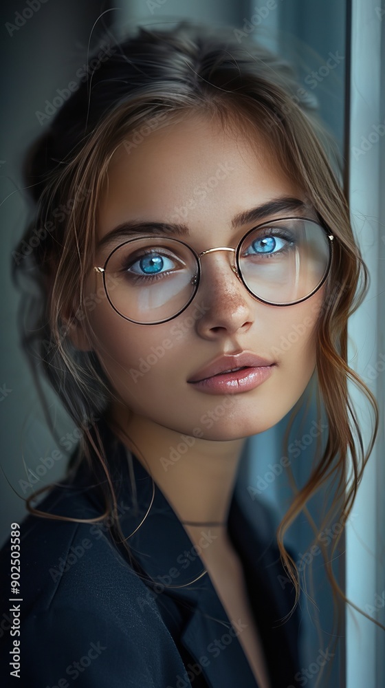 A woman with glasses and blue eyes is looking out a window A woman with glasses and blue eyes is looking out a window