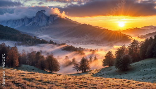 Beautiful mountain landscape at sunset with rolling hills, colorful sky, and misty valley. Scenic nature background.