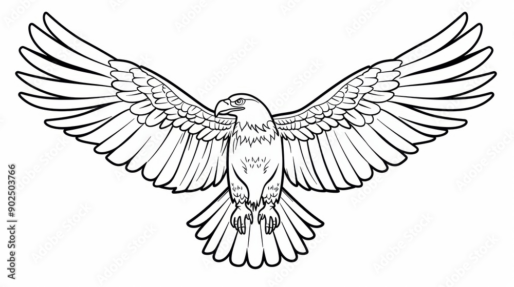 Fototapeta premium Black and White Line Drawing of an Eagle in Flight with Spread Wings