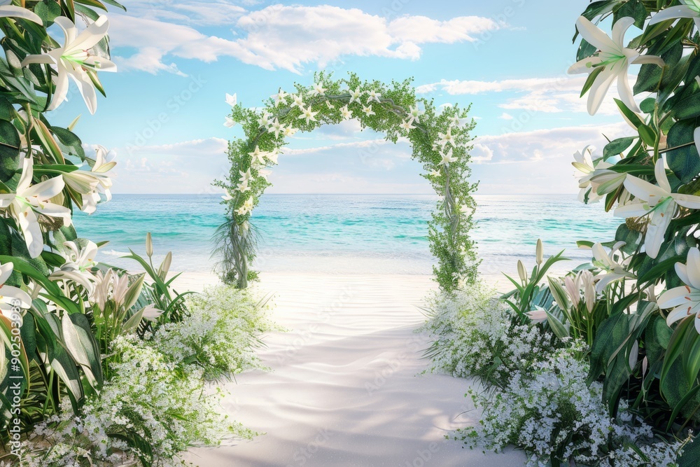 Arch with an arrangement of white lilies and greenery, set against the backdrop of a sandy beach and sea, with a white aisle creating a path to the arch. Arch with an arrangement of white lilies and greenery, set against the backdrop of a sandy beach and sea, with a white aisle creating a path to the arch.