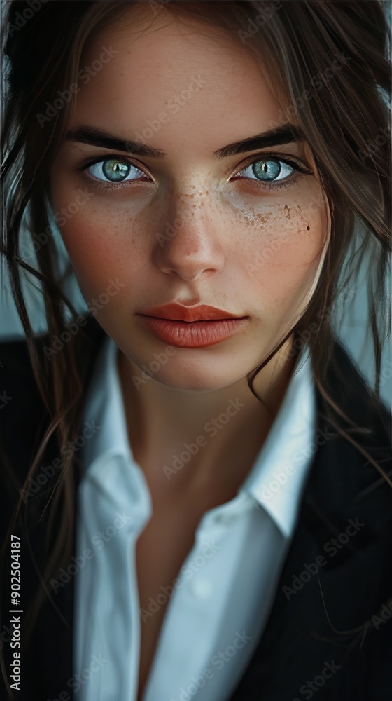 A woman with green eyes and a red lip is wearing a black jacket and white shirt A woman with green eyes and a red lip is wearing a black jacket and white shirt
