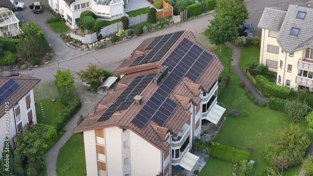 Drone shot of a house with solar panels in the Swiss town of Walensee Wessen, showcasing green energy Drone shot of a house with solar panels in the Swiss town of Walensee Wessen, showcasing green energy