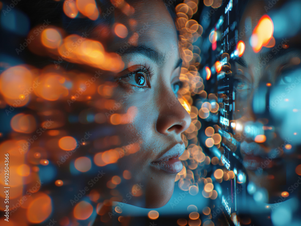 Südamerikanische Frau blickt in einen digitalen futuristischen Erfolgsbildschirm Südamerikanische Frau blickt in einen digitalen futuristischen Erfolgsbildschirm