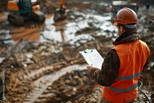 Wallpaper Mural Construction site foreman holding a clipboard, checking off tasks while inspecting the construction site, with tools and machinery around. Torontodigital.ca