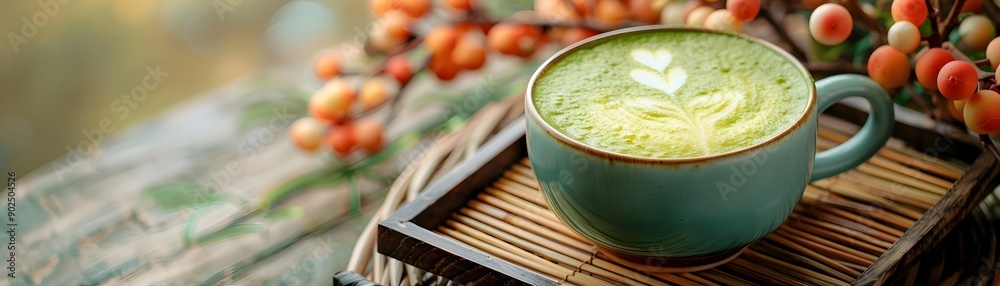 Colorful Matcha Latte with Intricate Latte Art on Bamboo Tray with Traditional Japanese Dcor Colorful Matcha Latte with Intricate Latte Art on Bamboo Tray with Traditional Japanese Dcor