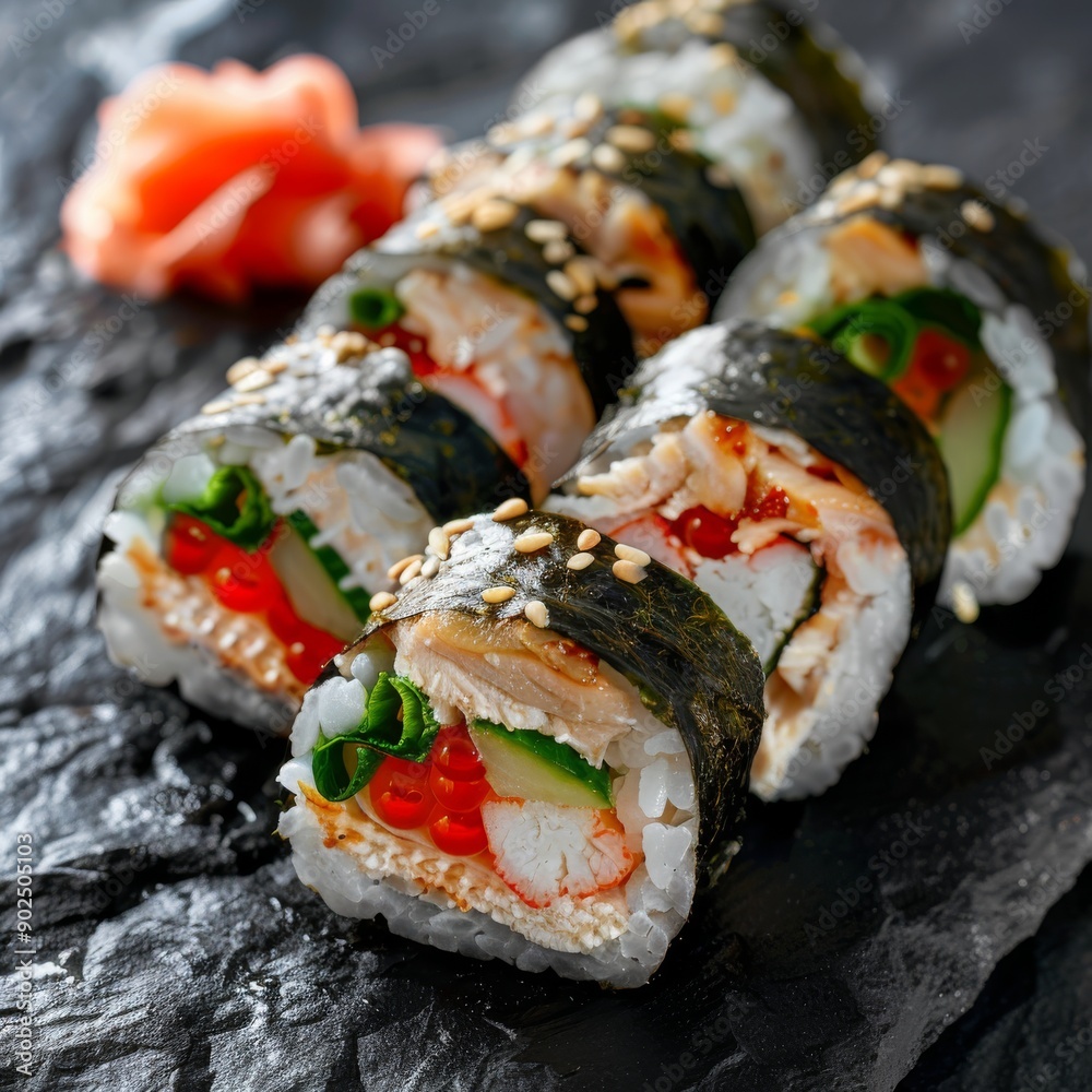 Chicken Uramaki Sushi with Bacon, Processed Cheese, Tomato, Green Onion, Black and White Chicken Uramaki Sushi with Bacon, Processed Cheese, Tomato, Green Onion, Black and White