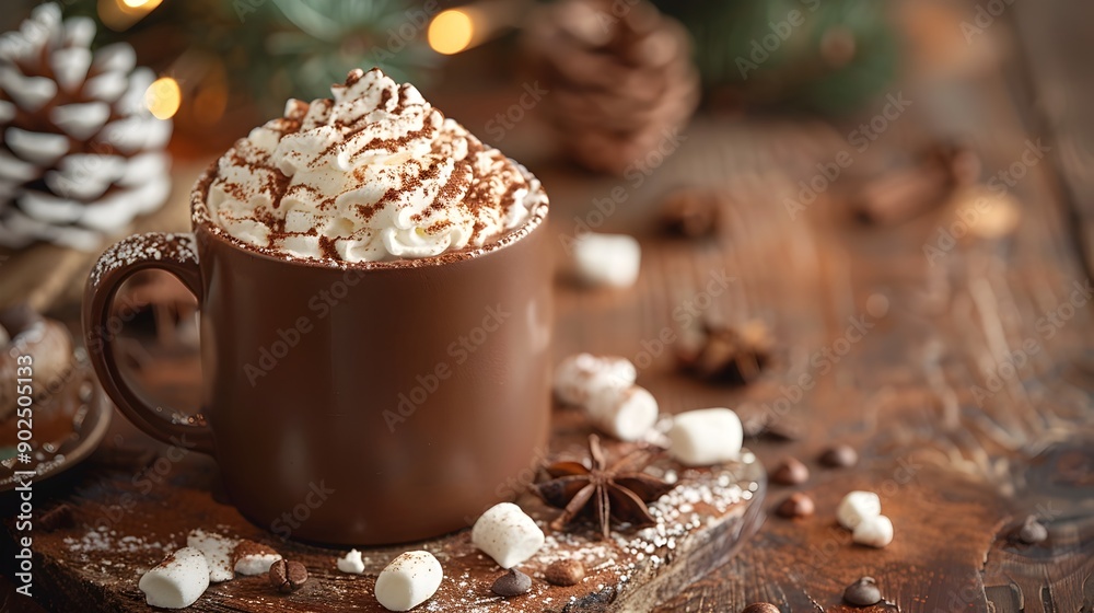 Rich Chocolate Delight with Whipped Cream and Marshmallows on a Festive Holiday Table Rich Chocolate Delight with Whipped Cream and Marshmallows on a Festive Holiday Table