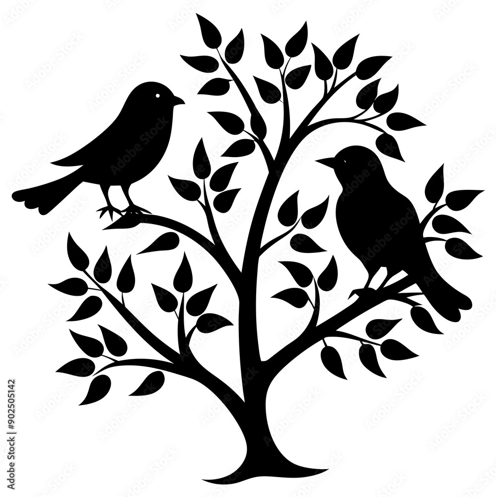 Two birds sitting on a branch silhouette vector illustration design Two birds sitting on a branch silhouette vector illustration design