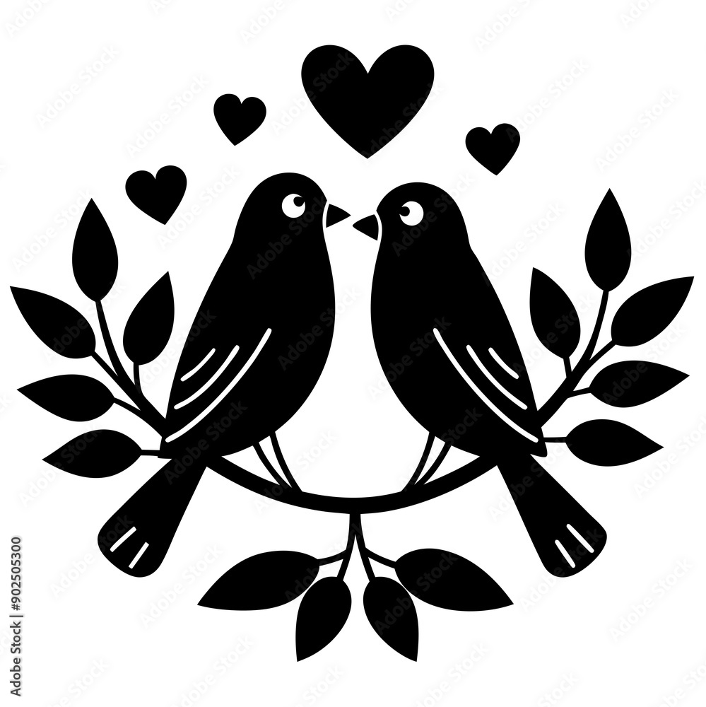 Fototapeta premium Two birds sitting on a branch silhouette vector illustration design