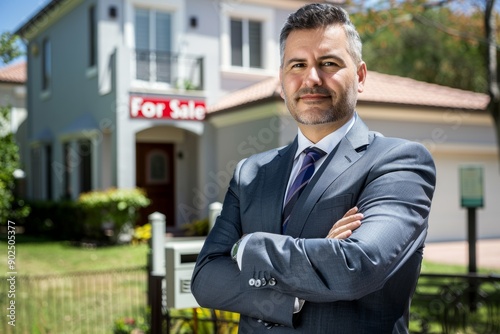 Real estate agent with arms crossed, standing proudly in front of a spacious, modern home, with a "House For Sale" banner visible on the lawn.