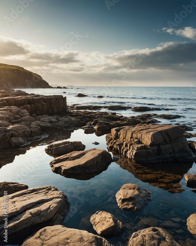 rocky shore at sunny landscape backgroundvertical background vertical shot photo