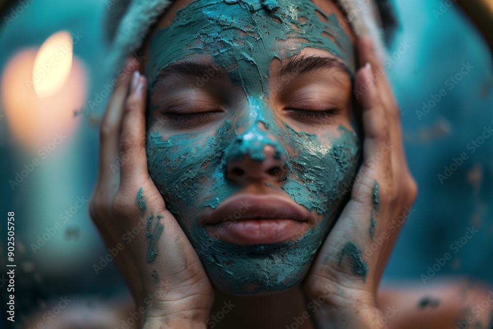 Woman with a clay mask, standing in front of a mirror with her hands gently pressing against her cheeks, enjoying a tranquil evening. Woman with a clay mask, standing in front of a mirror with her hands gently pressing against her cheeks, enjoying a tranquil evening.