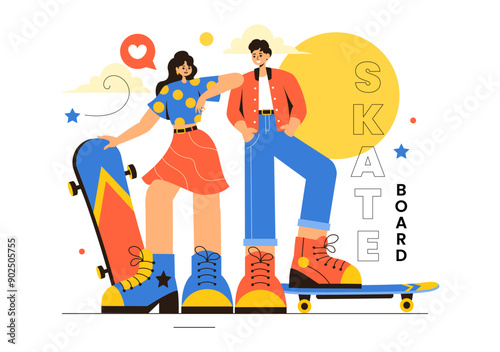 Skateboard Vector Illustration with Skateboarders Jumping on a Springboard in a Skatepark in Extreme Sports on Flat Style Cartoon Background