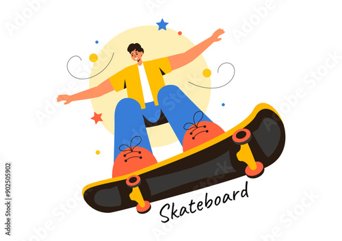 Skateboard Vector Illustration with Skateboarders Jumping on a Springboard in a Skatepark in Extreme Sports on Flat Style Cartoon Background