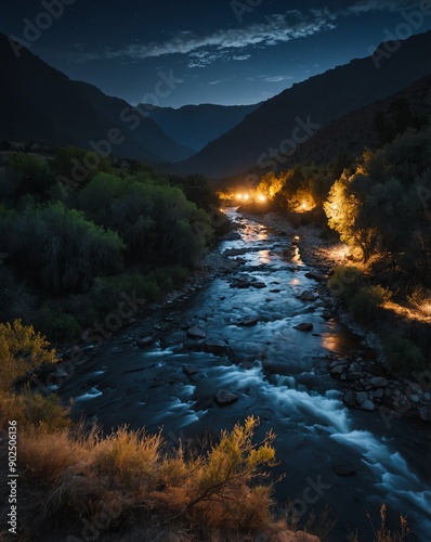 valley with flowing river night backgroundvertical background vertical shot photo