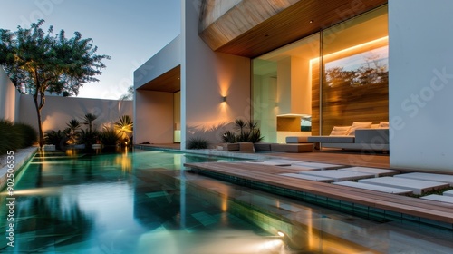 Modern luxury residence with a lavish pool during twilight offering serene and calm atmosphere