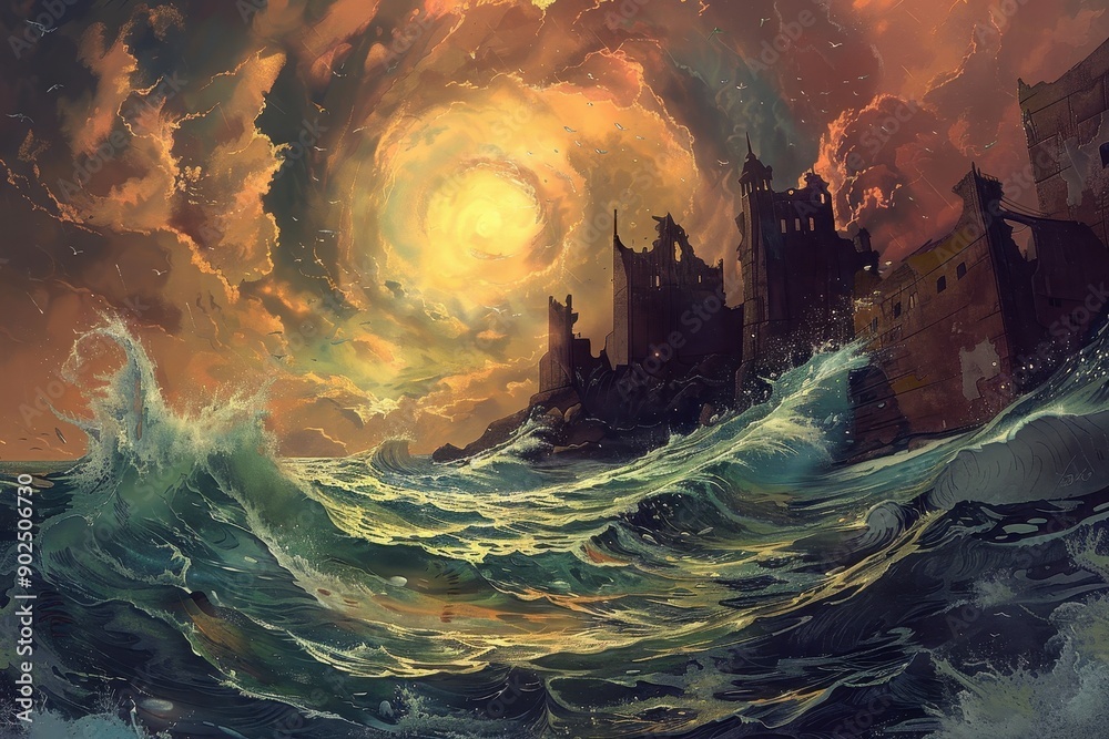 Obraz premium Ancient castle ruins by the stormy sea under the setting sun