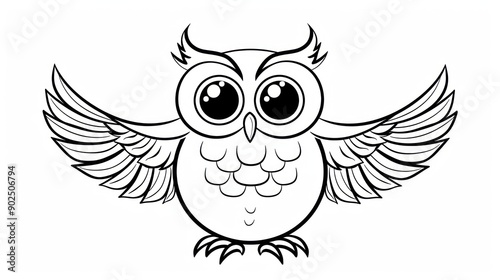 Black and White Cartoon Owl with Big Eyes and Spread Wings