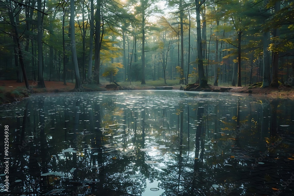 Misty Forest Pond Reflection Illustration