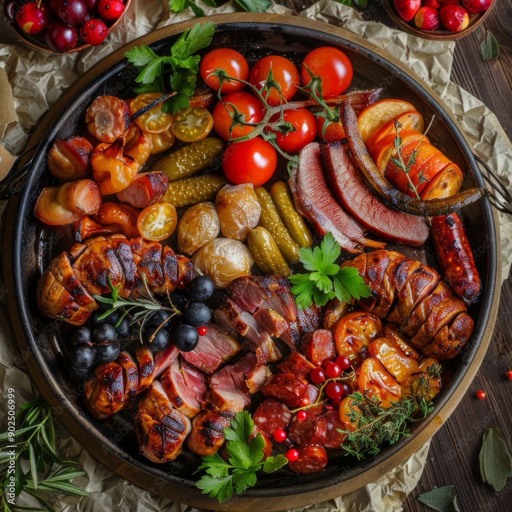Traditional Azerbaijani Meat Platter with Sujuk, Veal, Chicken and Sausages Top View, Pickled Vegetables Traditional Azerbaijani Meat Platter with Sujuk, Veal, Chicken and Sausages Top View, Pickled Vegetables