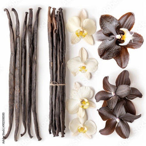 Vanilla pods and flowers set, orchid bean sticks, dry vanillin pods, natural aroma dessert ingredient photo