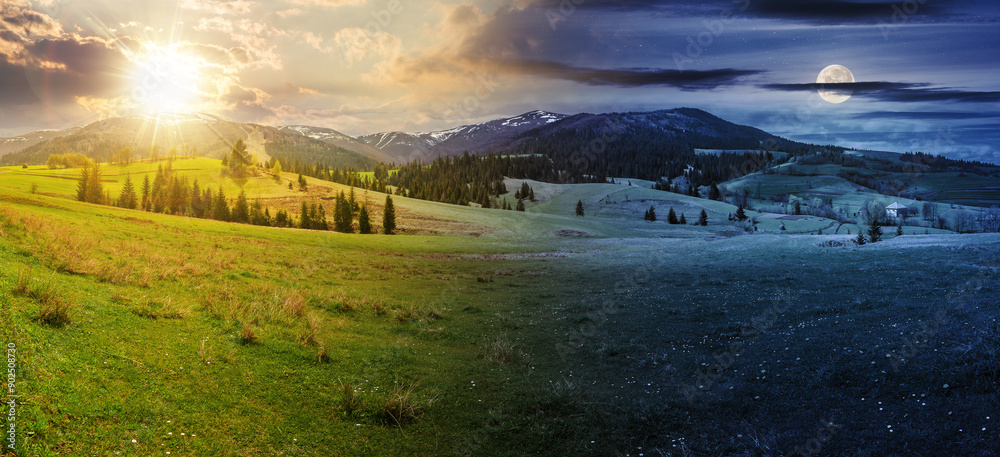 composite image of countryside landscape at day and night time change concept. Idyllic view of pretty farmland. rolling hills. Rural scenery in mountains. spring equinox or summer solstice