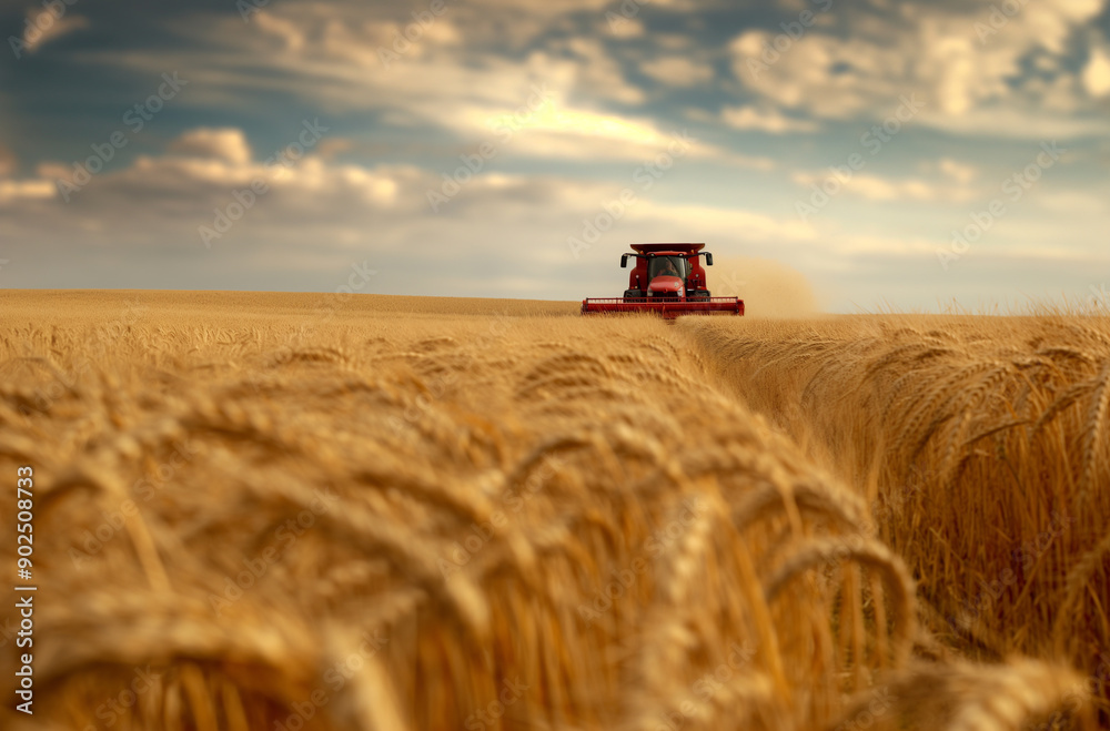 Fototapeta premium Combine Harvester in Wheat Field 