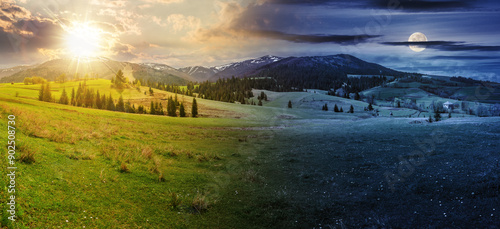 Obraz na płótnie composite image of countryside landscape at day and night time change concept. Idyllic view of pretty farmland. rolling hills. Rural scenery in mountains. spring equinox or summer solstice w salonie