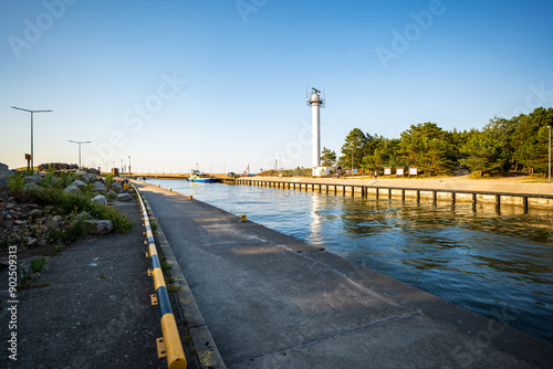 Obraz na płótnie Seaport in Łeba. Summer resort. Beautiful sunny afternoon. Radar station in the background. Leba, Baltic sea, Poland w salonie