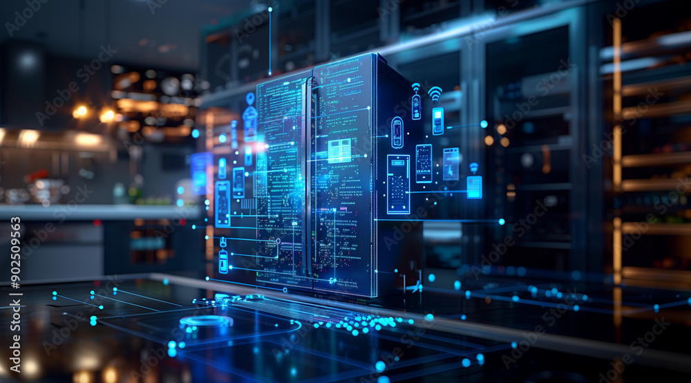 3d rendering of a modern room in a dark room with technology A smart ...