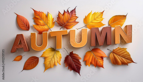 Autumn text in 3D style with autumn leaves on a white background