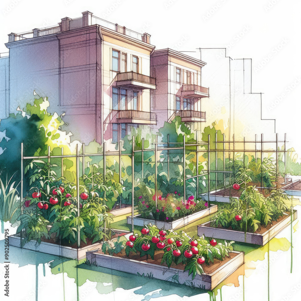 Obraz premium Architectural Sketch in Watercolor: Tomato Plant Rows in a Lush Garden