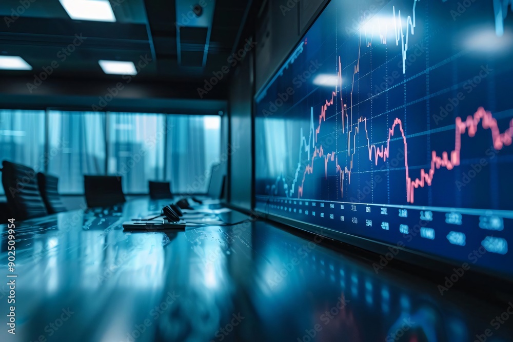 Dynamic stock market visualization in a modern office environment, featuring colorful graphs and data on a large screen. Dynamic stock market visualization in a modern office environment, featuring colorful graphs and data on a large screen.