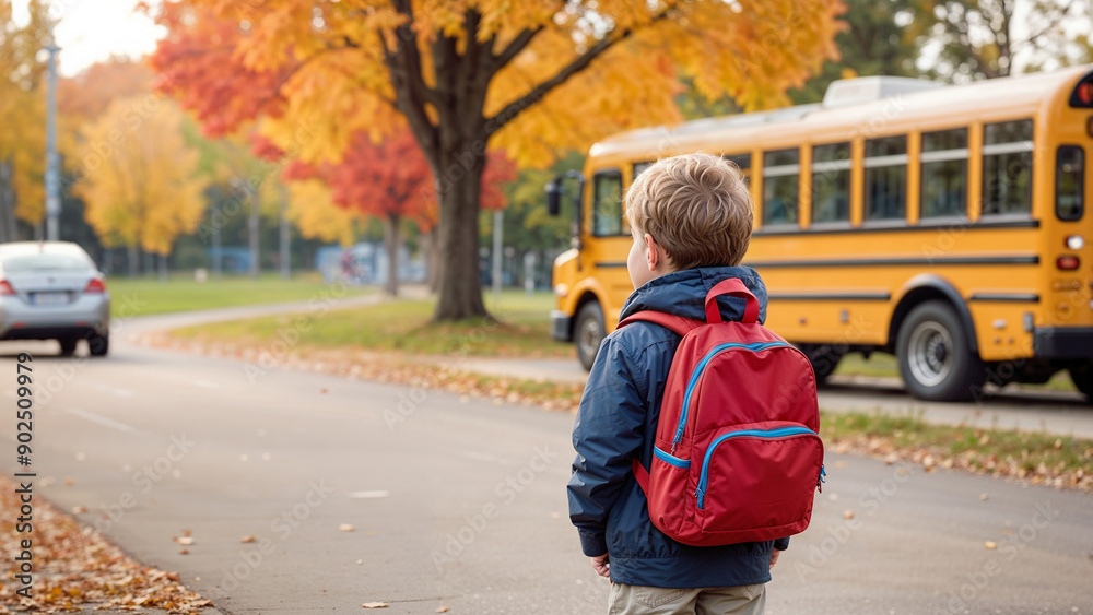 Rear back view of little preschool toddler boy wearing backpack, waiting for school bus on a station, autumn fall trees. Elementary kindergarten male child kid student, pupil education transport Rear back view of little preschool toddler boy wearing backpack, waiting for school bus on a station, autumn fall trees. Elementary kindergarten male child kid student, pupil education transport