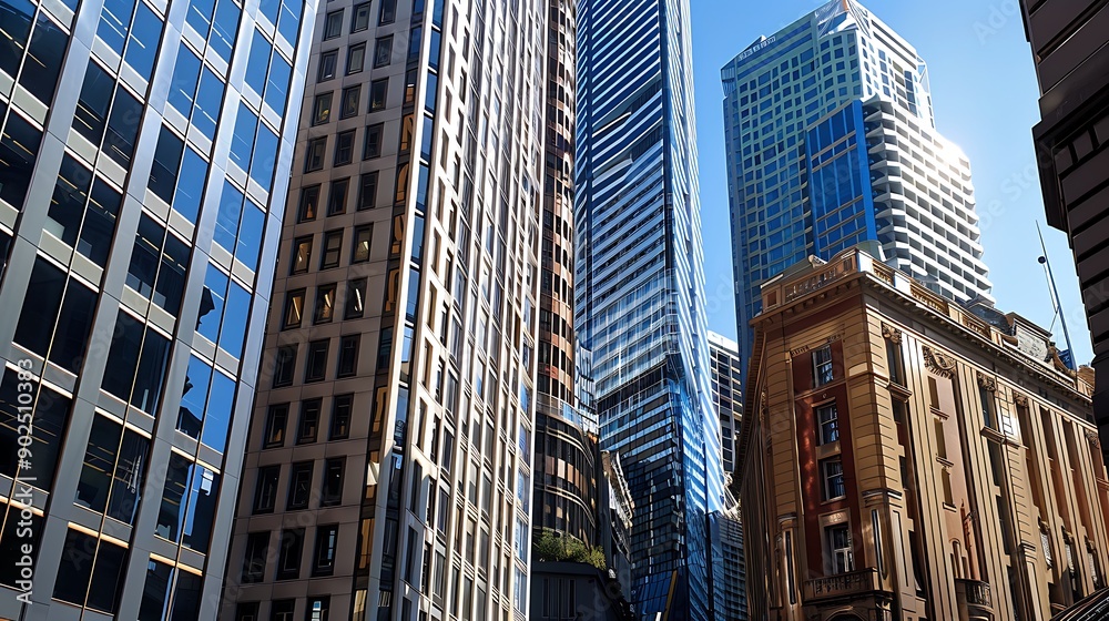 Fototapeta premium Skyscrapers in a downtown area. The buildings are tall and modern, with glass and steel facades. The sun is shining brightly, and the sky is blue.