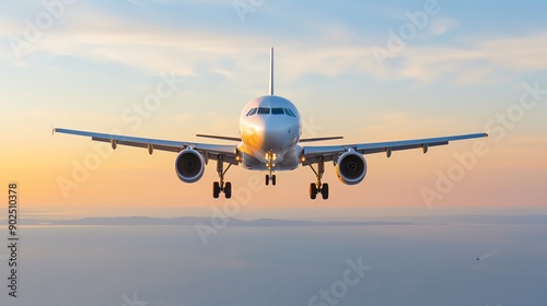 A stunning aircraft flying against a colorful sunset, showcasing travel and adventure in the sky. photo