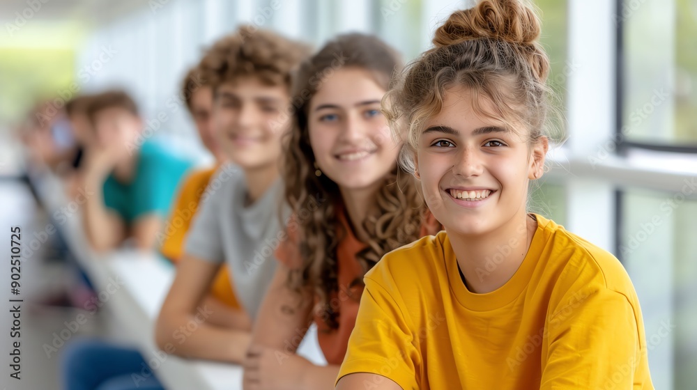 Group of cheerful teenagers in casual attire smiling while sitting together by a window, showcasing friendship and youth. Group of cheerful teenagers in casual attire smiling while sitting together by a window, showcasing friendship and youth.