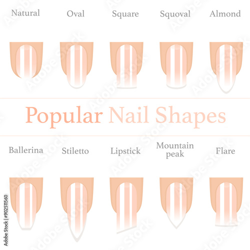 Set of illustrations with popular nail shapes