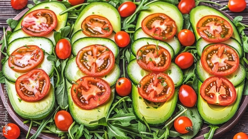 A fresh vegan summer salad with mixed greens, sliced avocados, cherry tomatoes, cucumbers, and a light vinaigrette, beautifully arranged on a rustic wooden table. Vibrant and healthy..