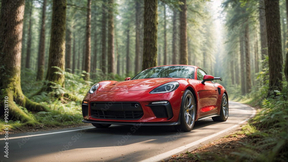 Red sports car driving through picturesque forest Red sports car driving through picturesque forest