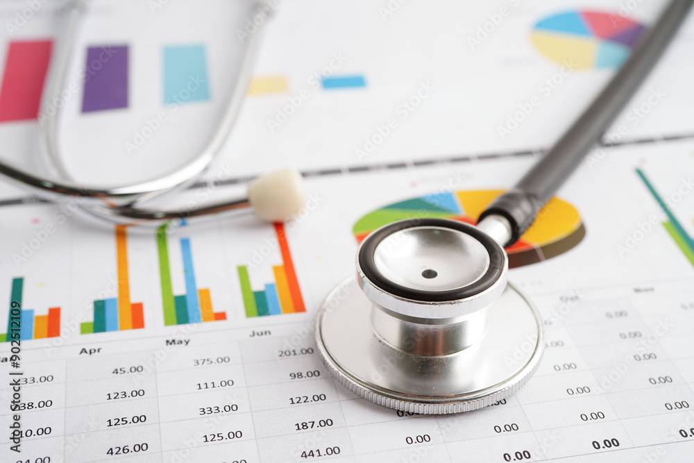 © manassanant - Stethoscope and US dollar banknotes on chart or graph paper, Financial, account, statistics and business data  medical health concept.