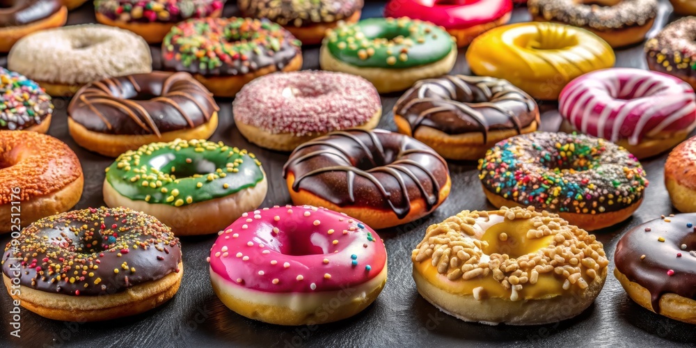 A Dozen Delicious Donuts A Close-up View of a Variety of Glazed and Topped Donuts, donut , sweet , sugary , dessert