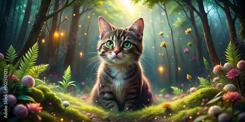 A Curious Kitten in a Magical Forest, Digital Art, Green Eyes, Cat in Nature, Fantasy , Forest, Kitten photo