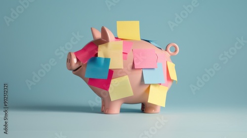 Pink piggy bank covered in colorful sticky notes on a blue background, representing financial planning and organization.