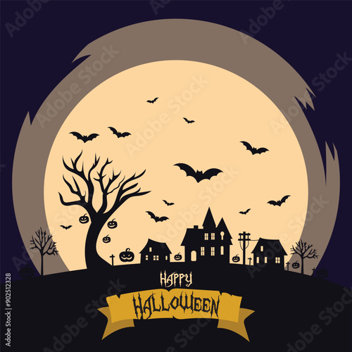Halloween background with castle  trees and bats. Vector illustration.