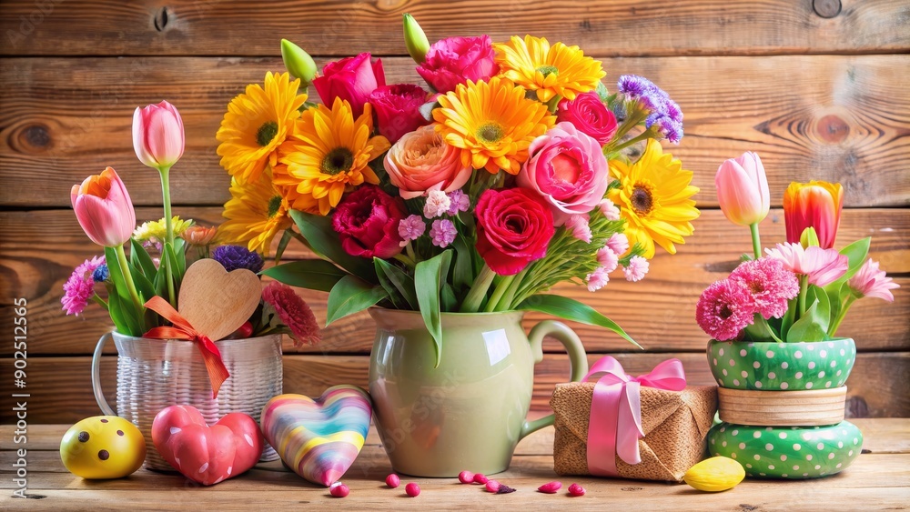 Obraz premium A Springtime Bouquet with a Gift in a Green Vase, Wooden Background, Colorful Flowers, Heart Decorations, Rustic Charm , spring flowers, floral arrangement