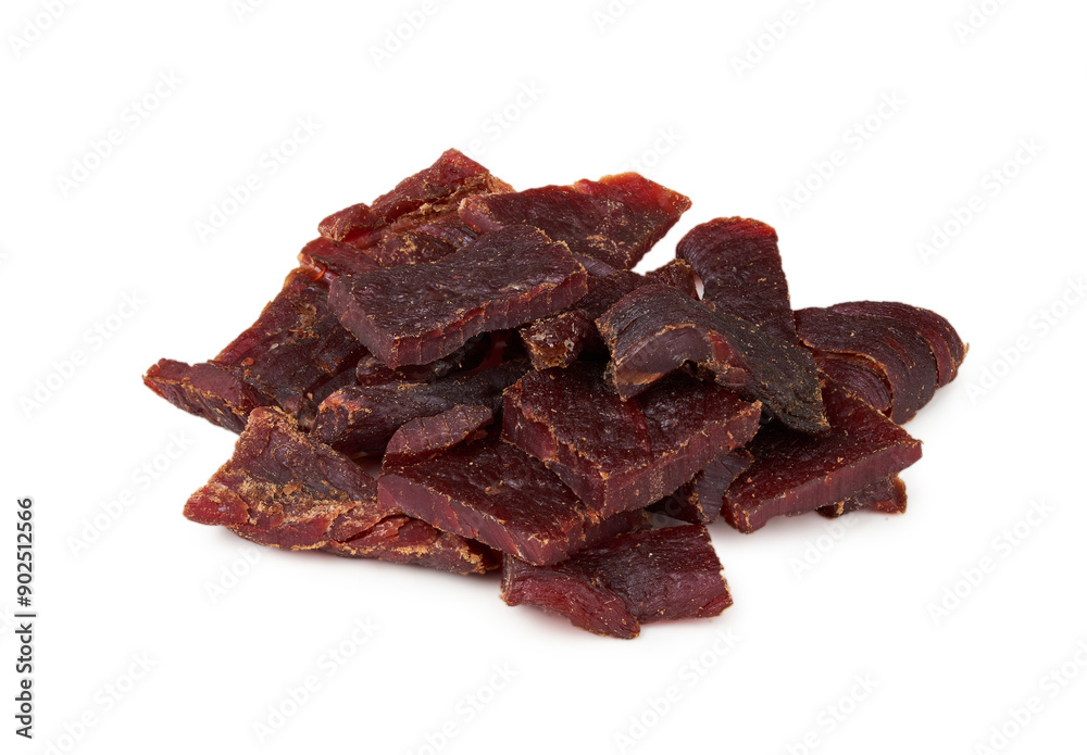 closeup pile of beef jerky isolated on white background closeup pile of beef jerky isolated on white background