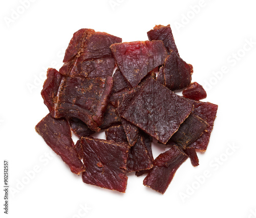 top view flat lay pile of beef jerky isolated on white background photo